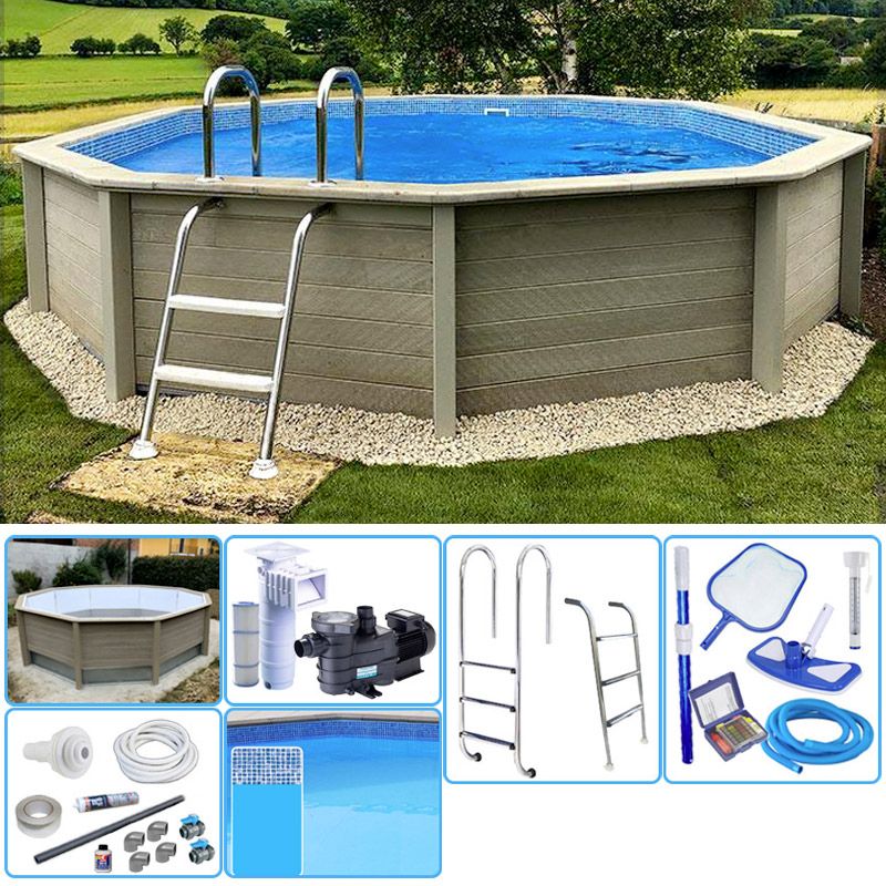 Kit Piscina Cemento Effetto Legno Naturalis Decagonale  4,93 X H 1,28 M Con Filtrazione A Cartuccia