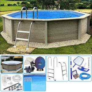 Kit Piscina Cemento Effetto Legno Naturalis Decagonale  4,93 X H 1,28 M Con Filtrazione A Sabbia