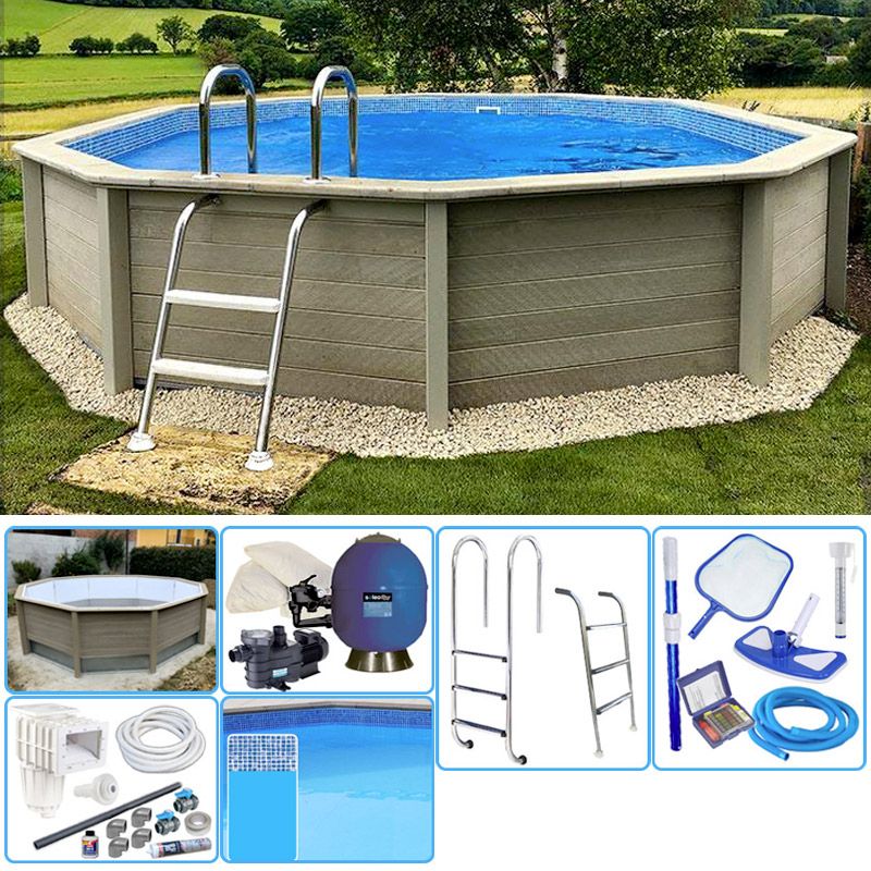 Kit Piscina Cemento Effetto Legno Naturalis Decagonale  4,93 X H 1,28 M Con Filtrazione A Sabbia