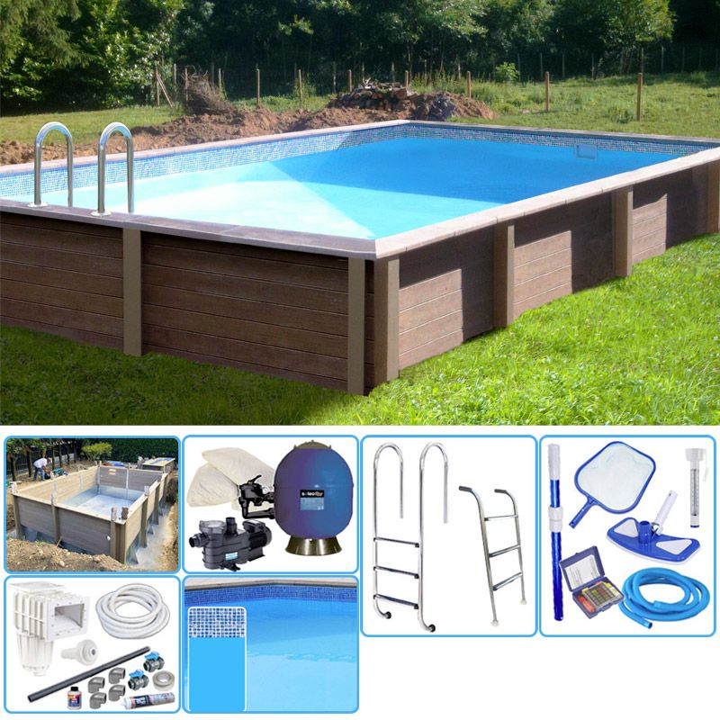 Kit Piscina Cemento Effetto Legno Naturalis Rettangolare 4,67 X 3,24 X H 1,28 M Con Filtrazione A Sabbia