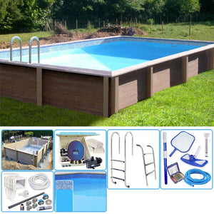 Kit Piscina Cemento Effetto Legno Naturalis Rettangolare 6,09 X 3,24 X H 1,28 M Con Filtrazione A Sabbia E Locale Tecnico