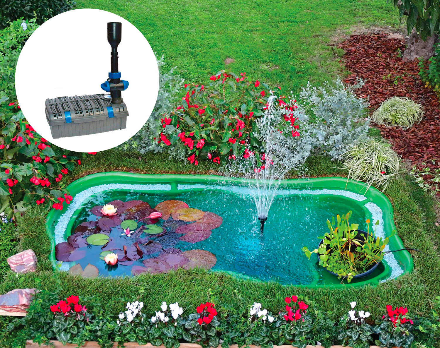 Kit Laghetto Artificiale + Pompa Filtro da Giardino 235x140x60 cm in Polietilene 1000 Litri Verde