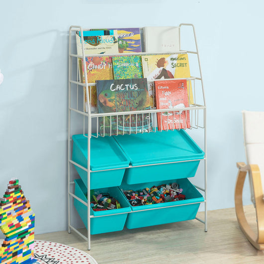 Scaffale bianco portagiochi Libreria bambini 4 scatole in blu con coperchio KMB07-B