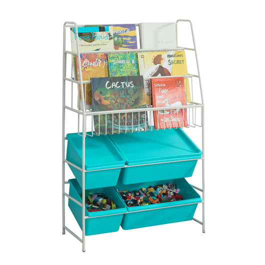 Scaffale bianco portagiochi Libreria bambini 4 scatole in blu con coperchio KMB07-B