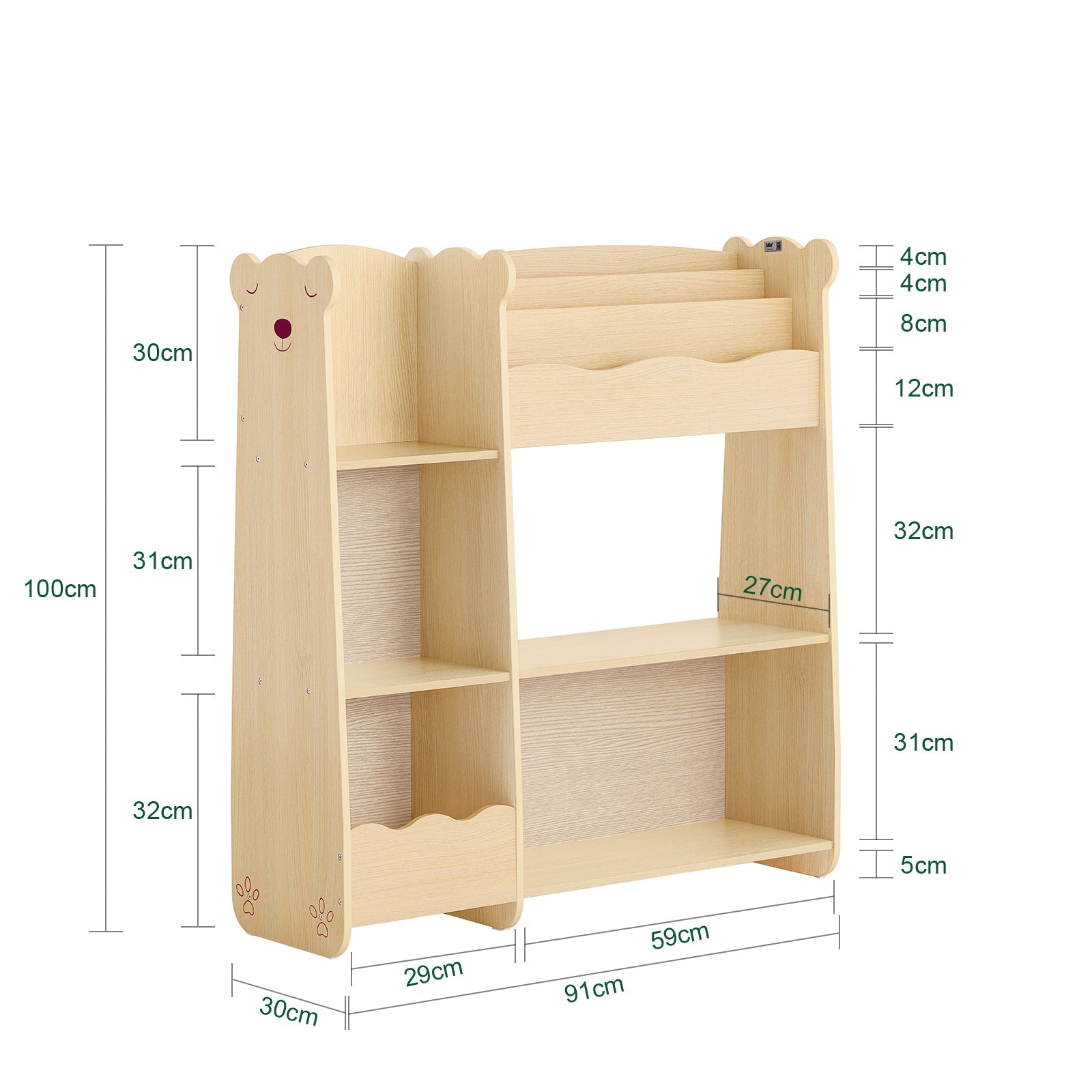 Scaffale per bambini con 3 ripiani e 5 scomparti Aperti Scaffale Libreria per bambini Naturale 91x30x100cm KMB101-N