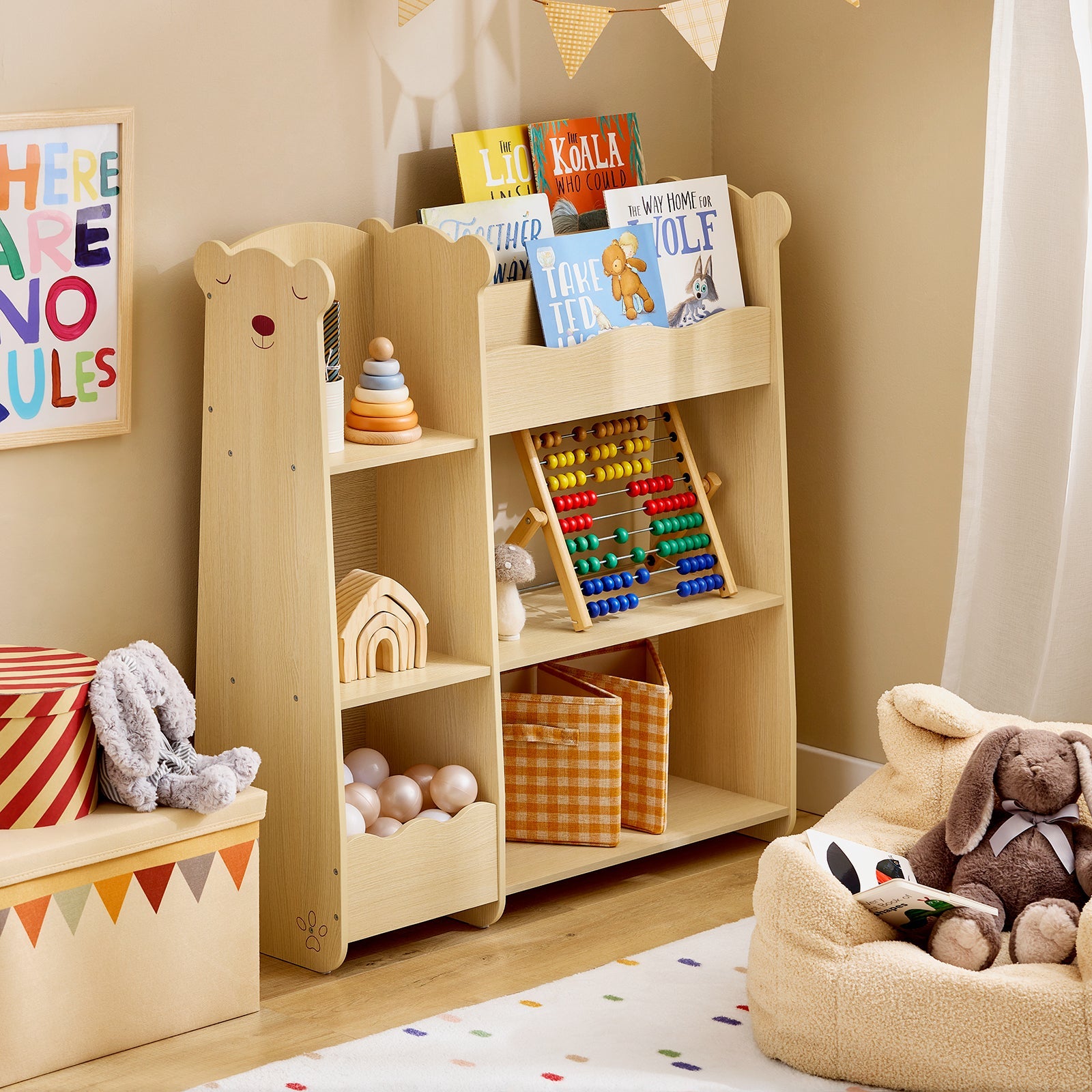 Scaffale per bambini con 3 ripiani e 5 scomparti Aperti Scaffale Libreria per bambini Naturale 91x30x100cm KMB101-N