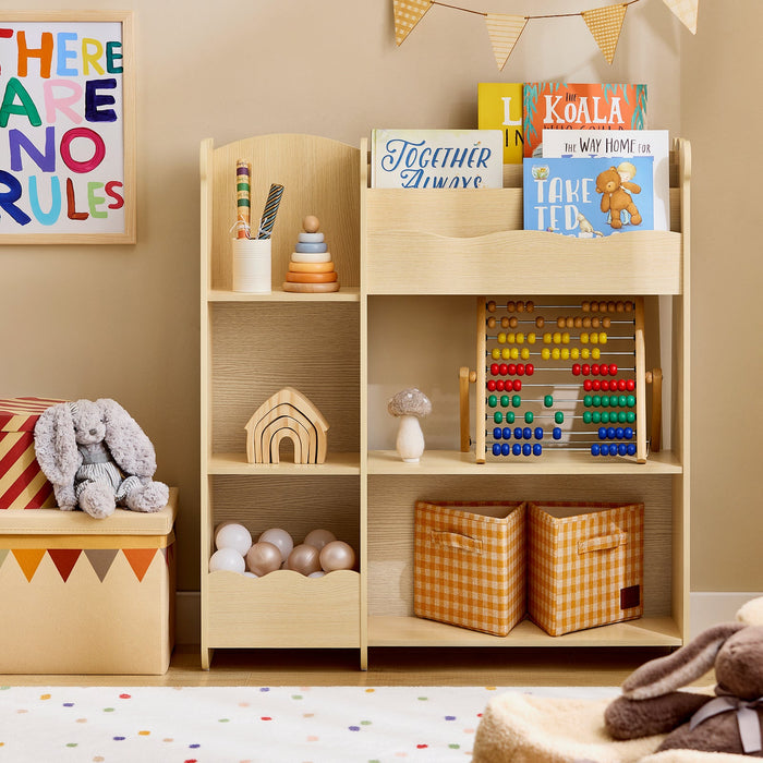 Scaffale per bambini con 3 ripiani e 5 scomparti Aperti Scaffale Libreria per bambini Naturale 91x30x100cm KMB101-N