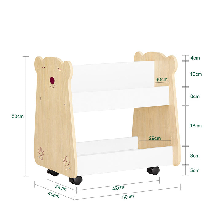 Libreria per bambini Scaffale con 2 Ripiani e 4 Ruote Scaffale Portaoggetti Bianco-Naturale 50x40x53cm KMB103-WN