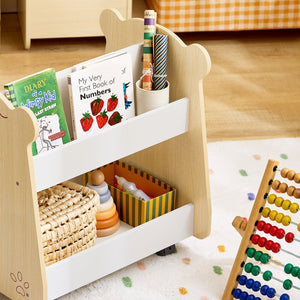 Libreria per bambini Scaffale con 2 Ripiani e 4 Ruote Scaffale Portaoggetti Bianco-Naturale 50x40x53cm KMB103-WN