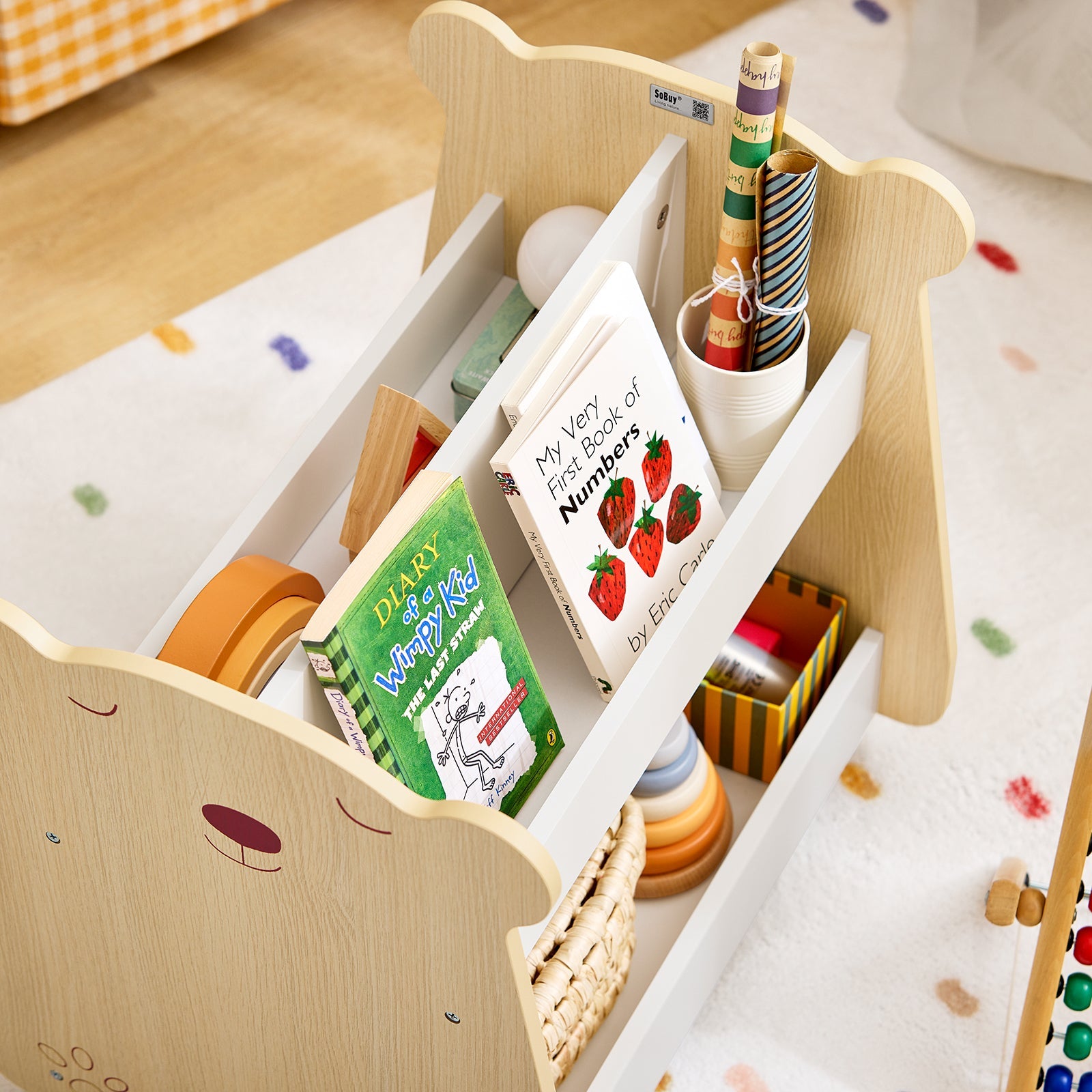 Libreria per bambini Scaffale con 2 Ripiani e 4 Ruote Scaffale Portaoggetti Bianco-Naturale 50x40x53cm KMB103-WN