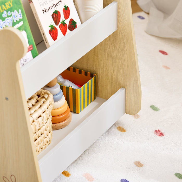 Libreria per bambini Scaffale con 2 Ripiani e 4 Ruote Scaffale Portaoggetti Bianco-Naturale 50x40x53cm KMB103-WN