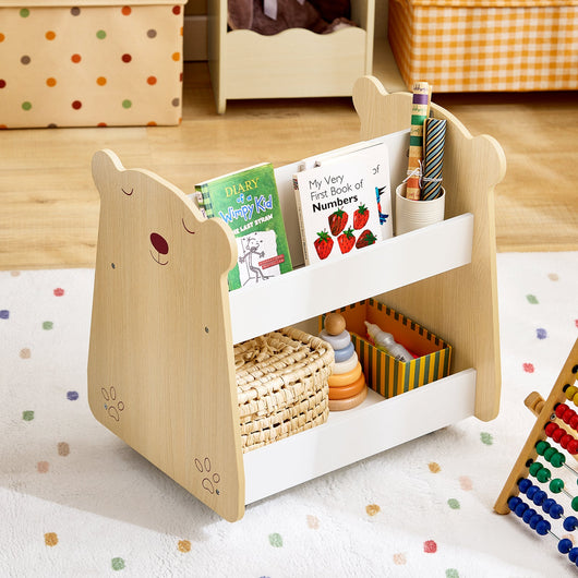 Libreria per bambini Scaffale con 2 Ripiani e 4 Ruote Scaffale Portaoggetti Bianco-Naturale 50x40x53cm KMB103-WN