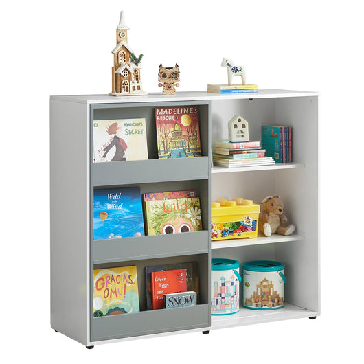 Libreria per bambini Scaffale per bambini con porta scorrevole Scaffale per giocattoli Scaffale per bambini Organizzatore di giocattoli Armadio Credenza 119x39X116cm, KMB33-W