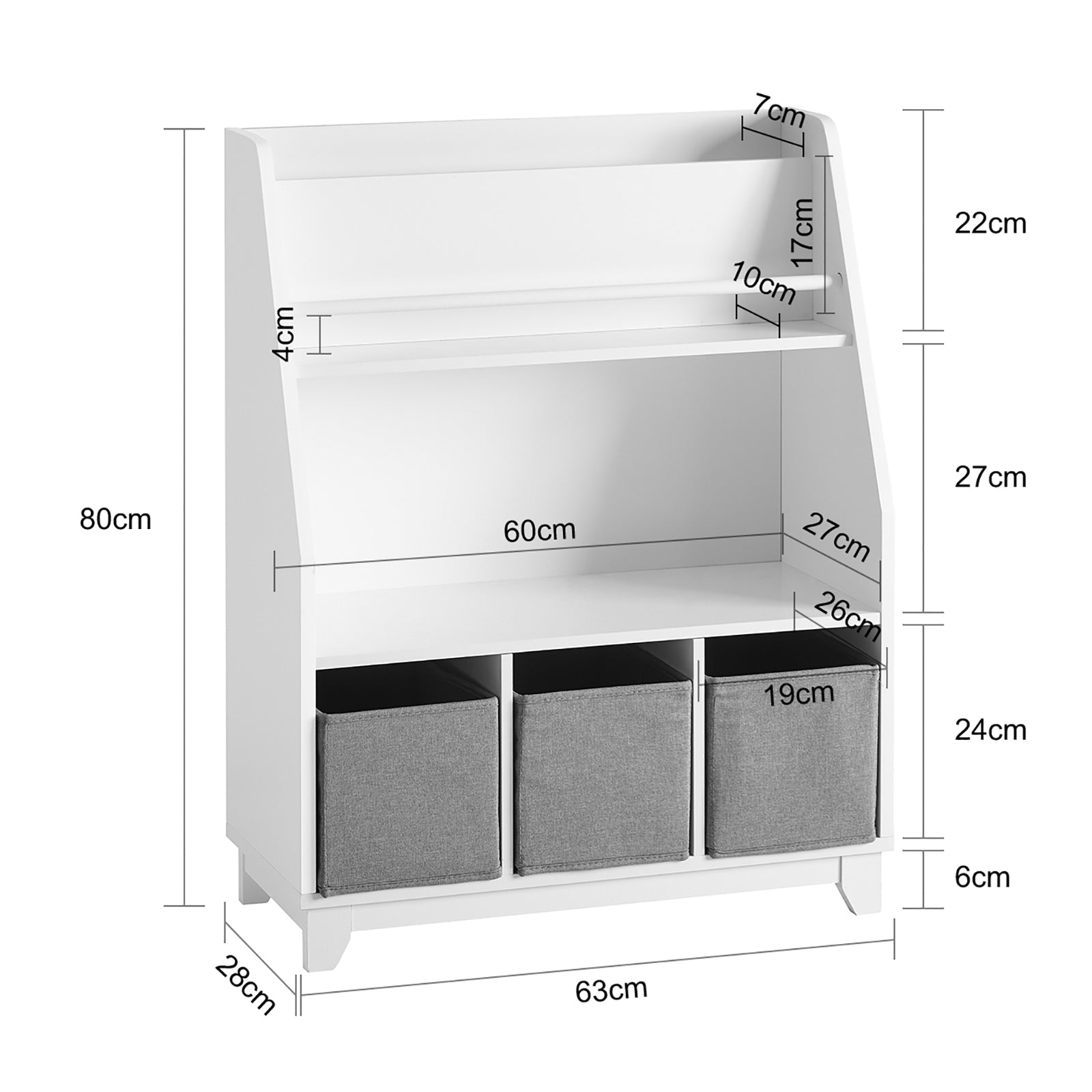 Libreria per bambini con vani portaoggetti e 3 scatole Scaffale per giocattoli Scaffale per bambini Organizzatore di giocattoli 63x28x80 cm GRIGIO KMB34-W