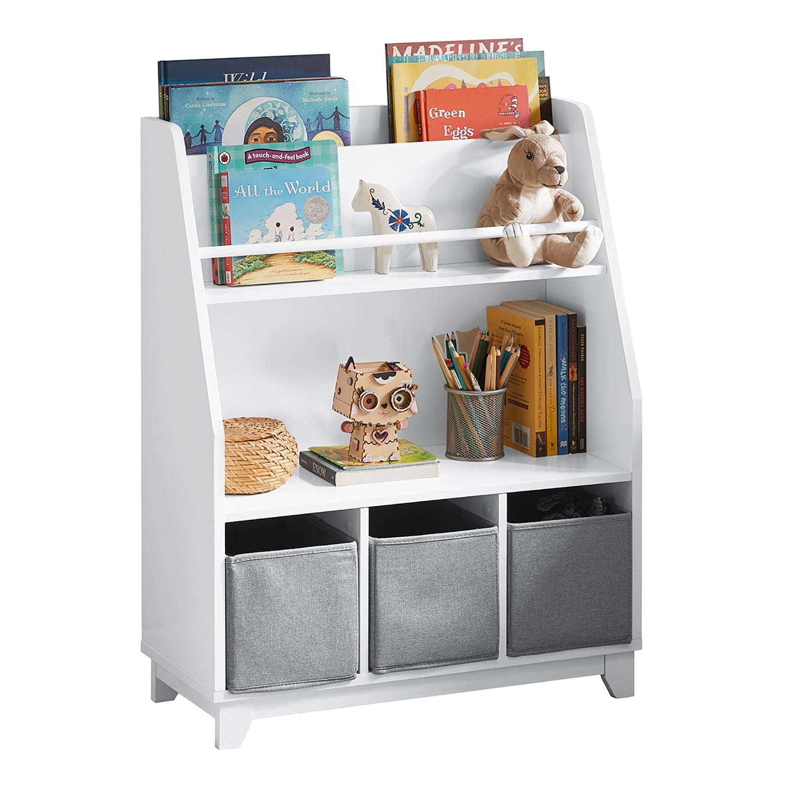 Libreria per bambini con vani portaoggetti e 3 scatole Scaffale per giocattoli Scaffale per bambini Organizzatore di giocattoli 63x28x80 cm GRIGIO KMB34-W