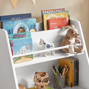 Libreria per bambini con vani portaoggetti e 3 scatole Scaffale per giocattoli Scaffale per bambini Organizzatore di giocattoli 63x28x80 cm GRIGIO KMB34-W