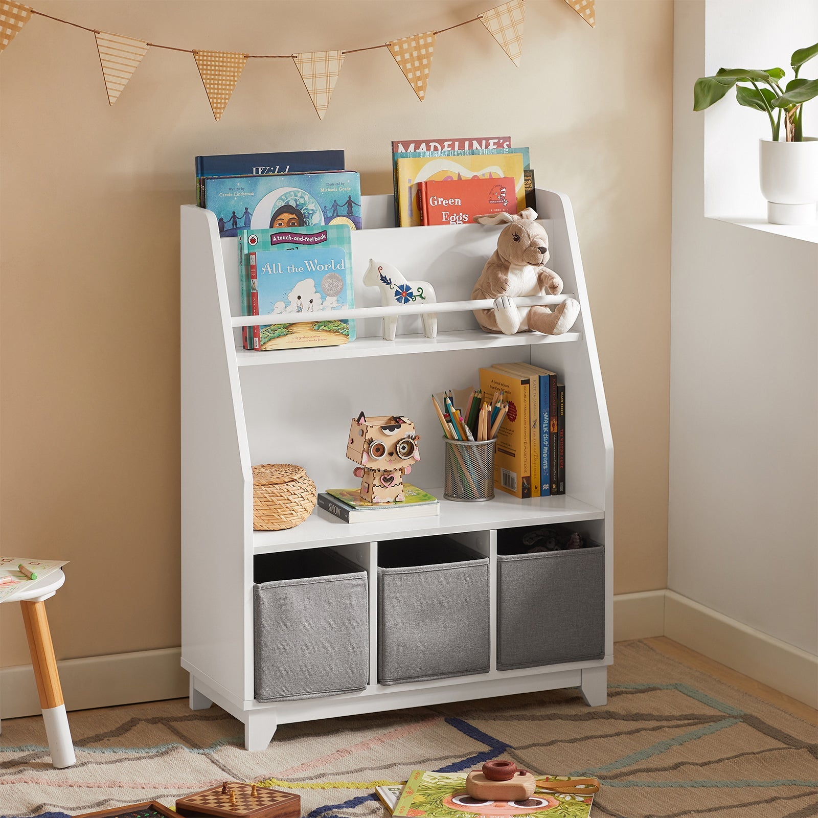 Libreria per bambini con vani portaoggetti e 3 scatole Scaffale per giocattoli Scaffale per bambini Organizzatore di giocattoli 63x28x80 cm GRIGIO KMB34-W