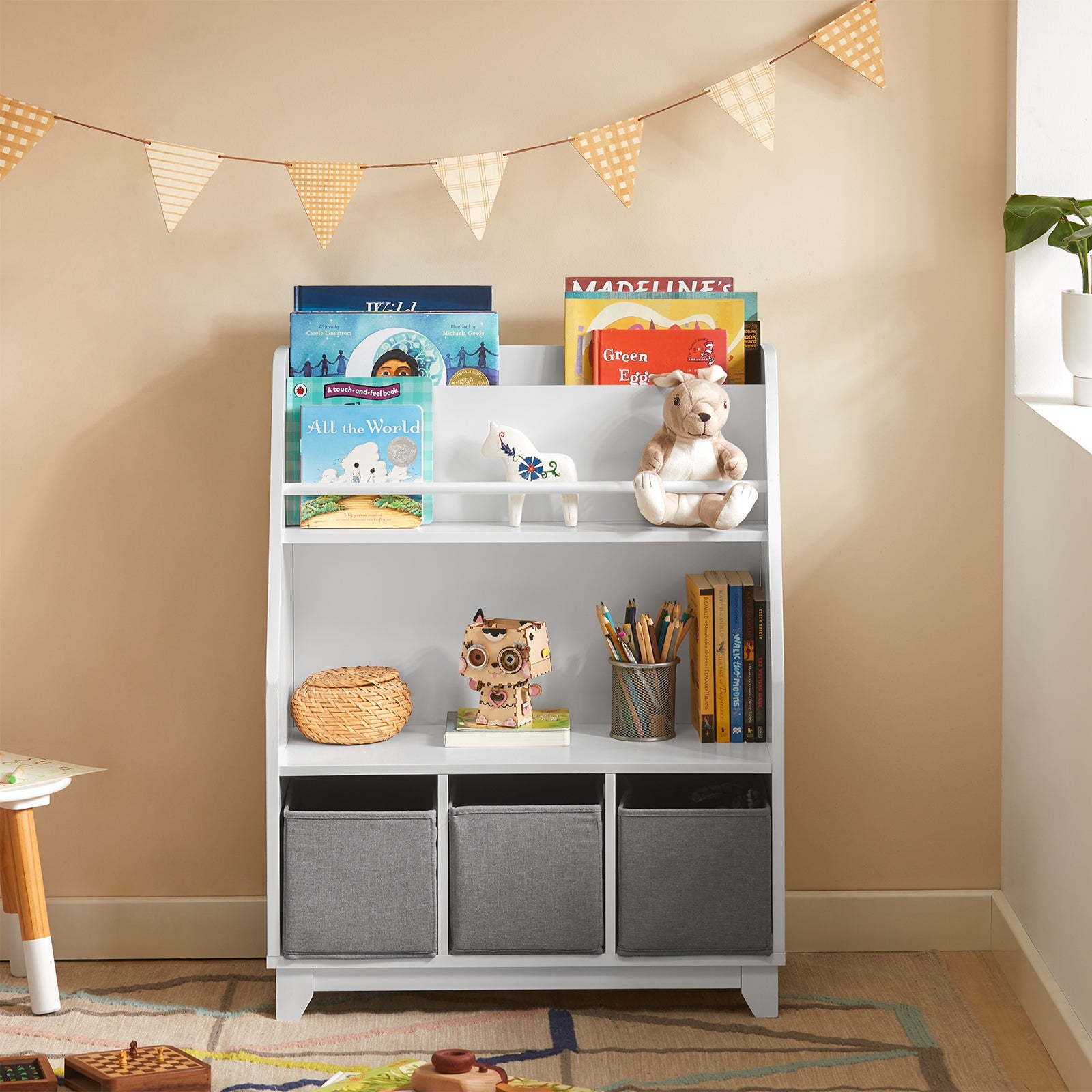 Libreria per bambini con vani portaoggetti e 3 scatole Scaffale per giocattoli Scaffale per bambini Organizzatore di giocattoli 63x28x80 cm GRIGIO KMB34-W