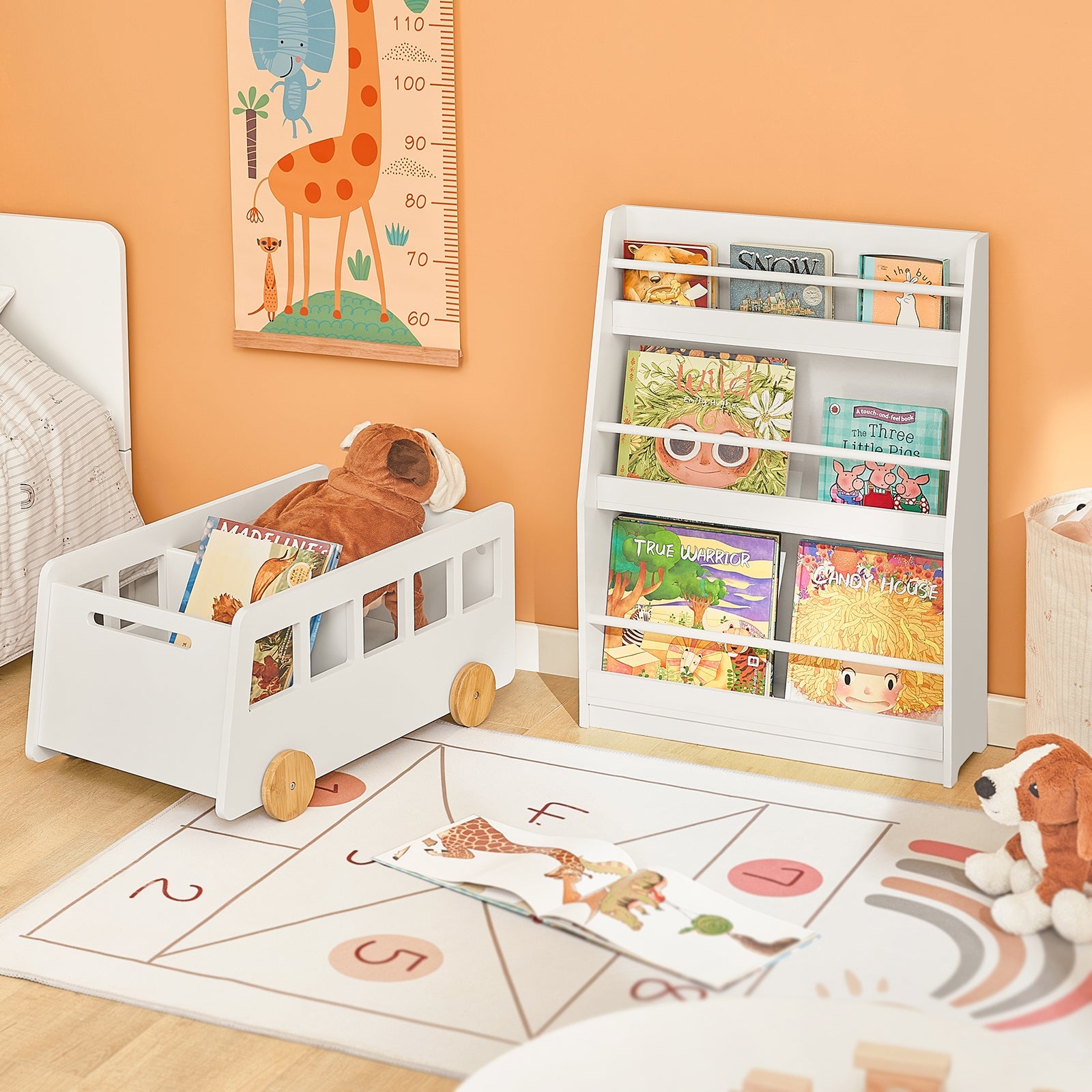 Libreria per bambini con 3 ripiani Scaffale per giocattoli Scaffale per bambini Organizzatore di giocattoli portaoggetti Bianco, KMB45-W