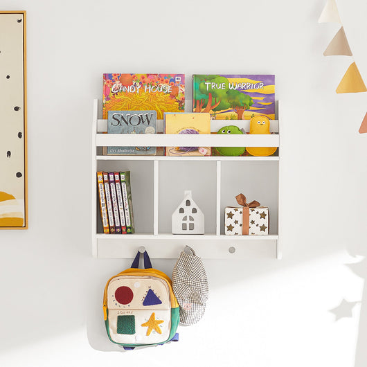 Scaffale per bambini Scaffale a muro con 3 ganci Armadio con ripiani per libri e decorazioni Bianco 60x18x51cm KMB46-W