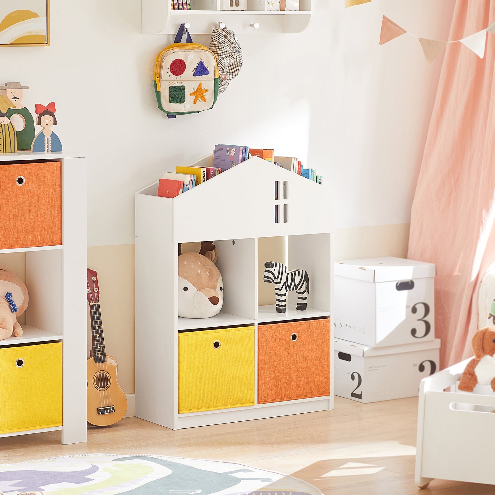 Libreria per bambini Scaffale per bambini con 2 scatole in tessuto Organizer per giocattoli Bianco KMB49-W