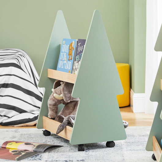 Libreria per bambini Scaffale con 2 Ripiani e 4 Ruote Scaffale Portaoggetti Verde-Naturale 60x36x82 cm KMB99-GR