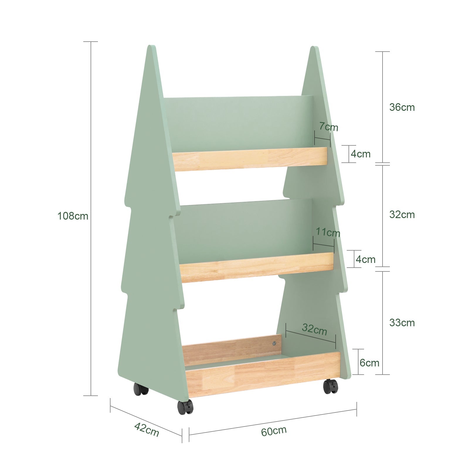 Libreria per bambini Scaffale con 3 Ripiani e 4 Ruote Scaffale Portaoggetti Verde-Naturale 60x42x108 cm KMB99-H-GR