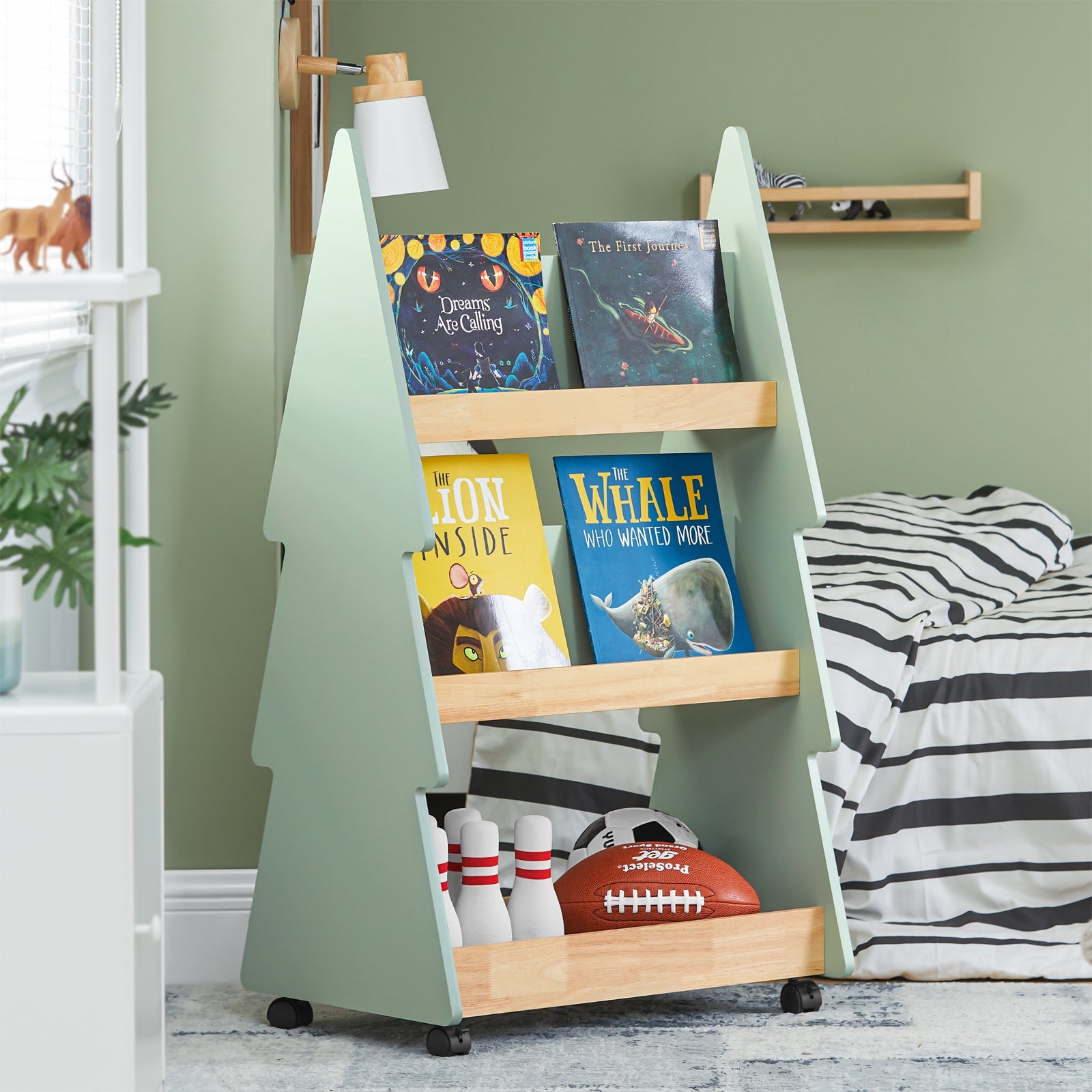 Libreria per bambini Scaffale con 3 Ripiani e 4 Ruote Scaffale Portaoggetti Verde-Naturale 60x42x108 cm KMB99-H-GR