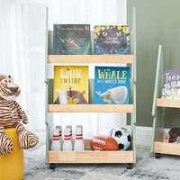 Libreria per bambini Scaffale con 3 Ripiani e 4 Ruote Scaffale Portaoggetti Verde-Naturale 60x42x108 cm KMB99-H-GR