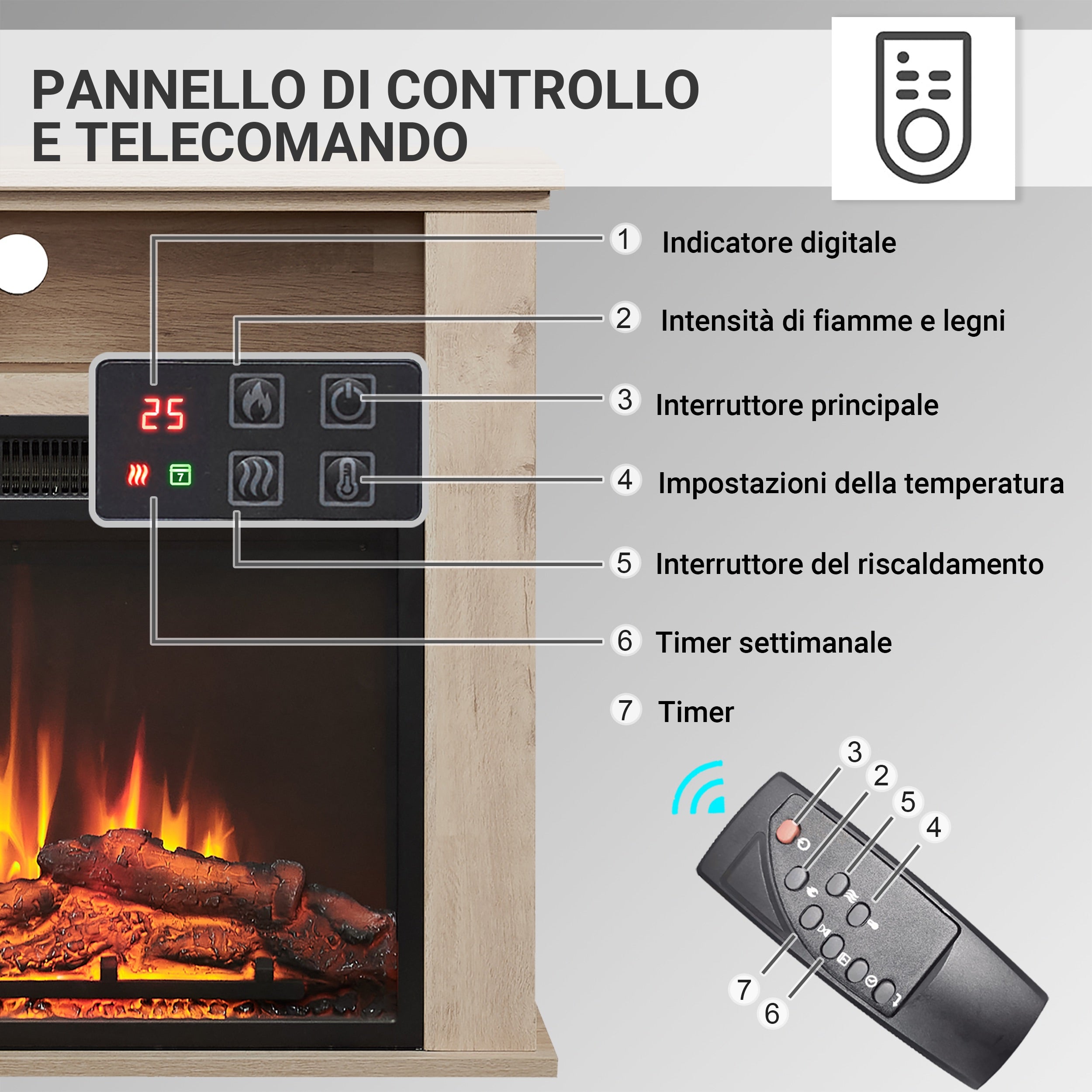 Camino elettrico da terra Frida | Riscaldamento 2000W, telecomando, timer, termostato | Rovere chiaro