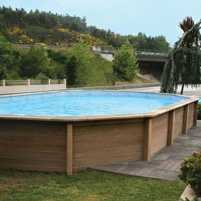 Kit Piscina Cemento Effetto Legno Naturalis Decagono Allungato 6,35 X 4,72 H 1,28 M Con Filtrazione A Sabbia E Locale Tecnico