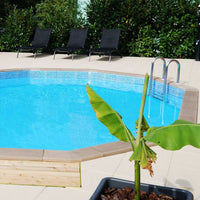 Kit Piscina Cemento Effetto Legno Naturalis Decagono Allungato 6,35 X 4,72 H 1,28 M Con Filtrazione A Sabbia