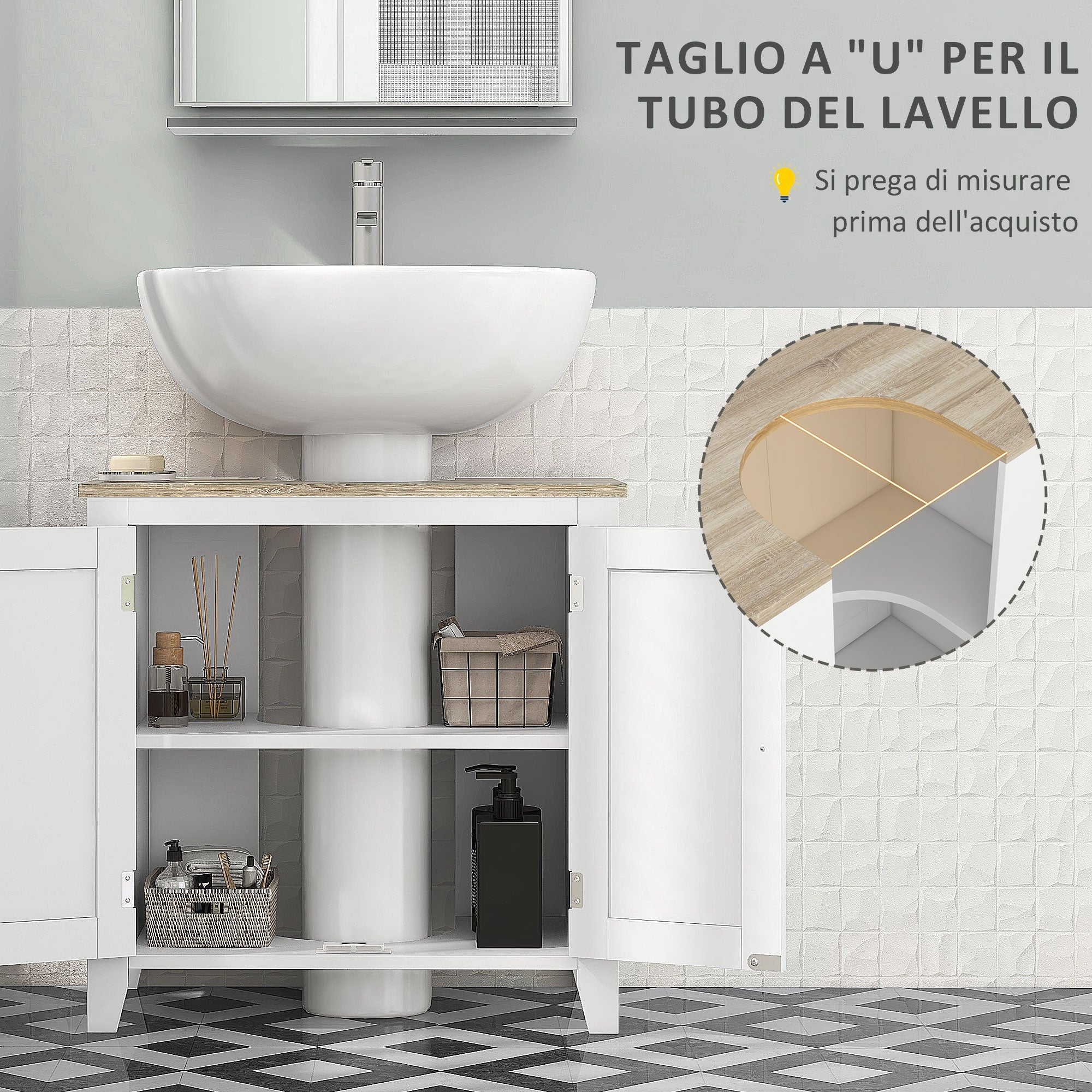 Mobile Sottolavabo Bagno a U con Ripiano Regolabile Interno 60x30x60 cm in MDF Bianco e Legno