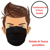 Mascherina di protezione nera 5 pezzi riutilizzabile e lavabile cotone 100% con elastici