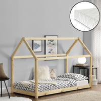 Letto per Bambini con Materasso 200 x 90 cm Forma di Casetta - color Legno [en.casa]