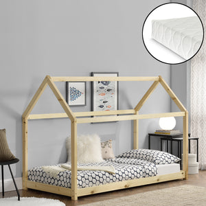 Letto per Bambini con Materasso 200 x 90 cm Forma di Casetta - color Legno [en.casa]