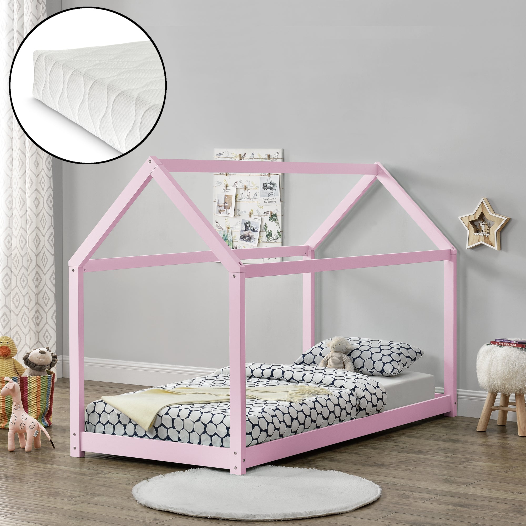 [en.casa] Letto per Bambini 200 x 90 cm con Materasso a Schiuma Fredda Design Casa Piccola Lettino di Legno di Pino Rosa