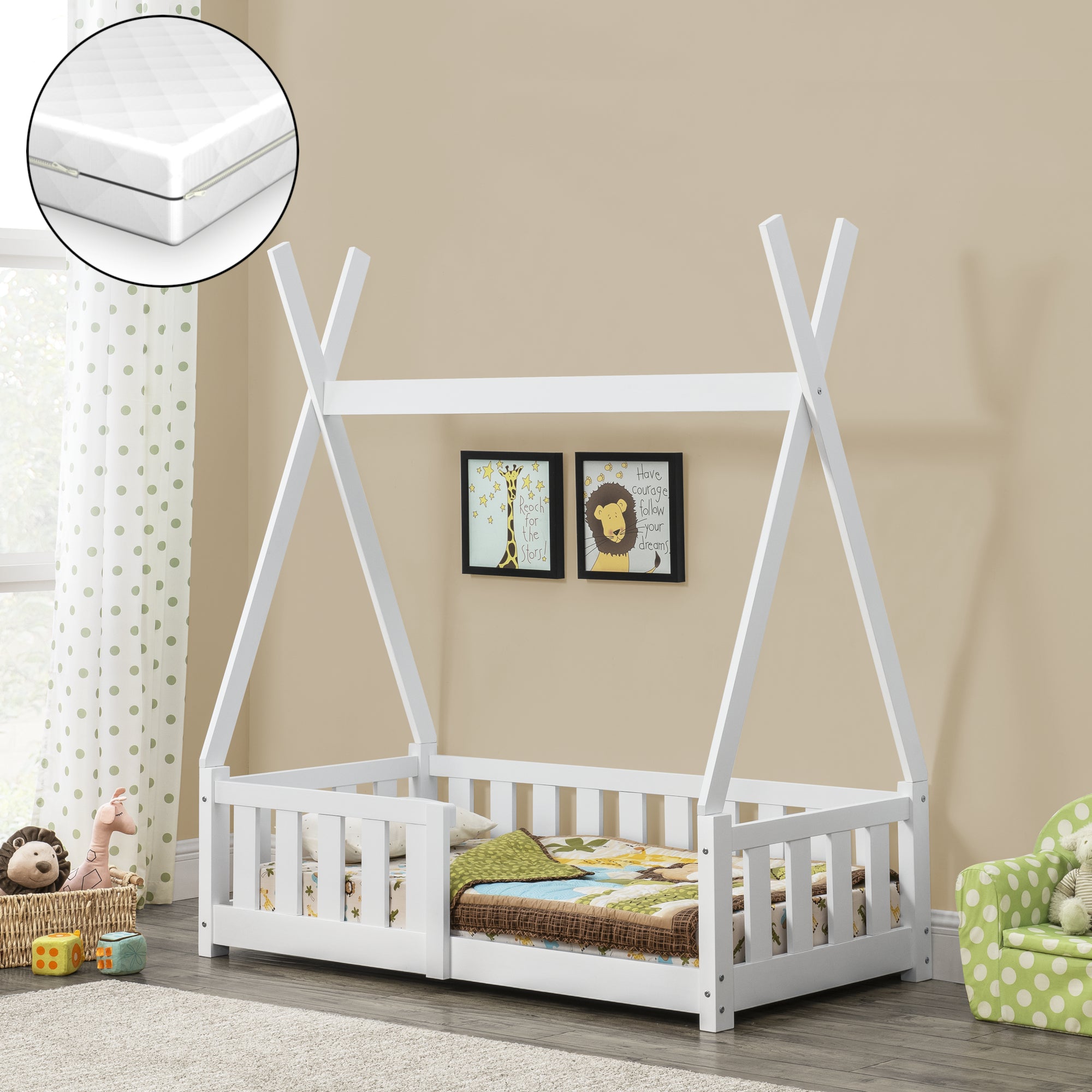 [en.casa] Letto per Bambino con Materasso a Schiuma Fredda 70 x 140 cm Lettino Bianco Opaco a Forma di Tenda Indiana con