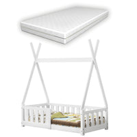 [en.casa] Letto per Bambino con Materasso a Schiuma Fredda 70 x 140 cm Lettino Bianco Opaco a Forma di Tenda Indiana con