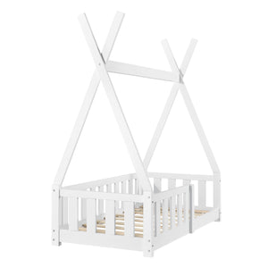 [en.casa] Letto per Bambino con Materasso a Schiuma Fredda 70 x 140 cm Lettino Bianco Opaco a Forma di Tenda Indiana con