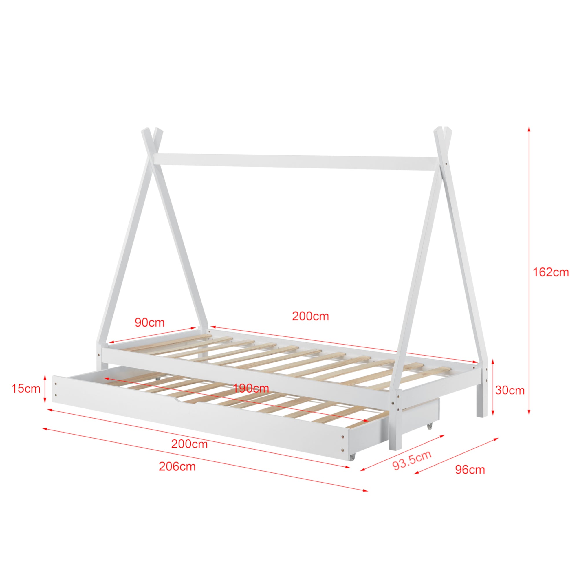 Letto per Bambino a Forma di Tenda Indiana con 1 Materasso 90 x 200 cm con Secondo Letto Estraibile 90 x 190 cm Letto