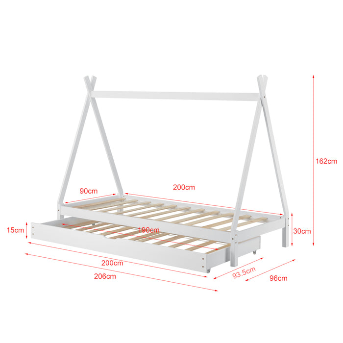 Letto per Bambino a Forma di Tenda Indiana con 1 Materasso 90 x 200 cm con Secondo Letto Estraibile 90 x 190 cm Letto