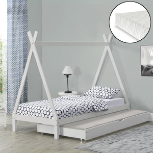 Letto per Bambino a Forma di Tenda Indiana con 1 Materasso 90 x 200 cm con Secondo Letto Estraibile 90 x 190 cm Letto