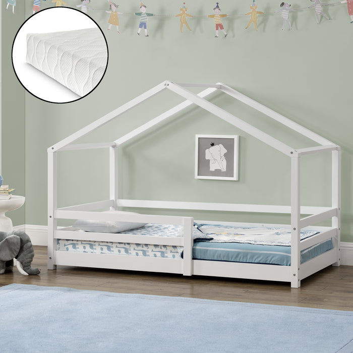 Letto per Bambino a Forma di Casetta con Barriere di Sicurezza e Materasso Ortopedico 90 x 200 cm Lettino in Legno di