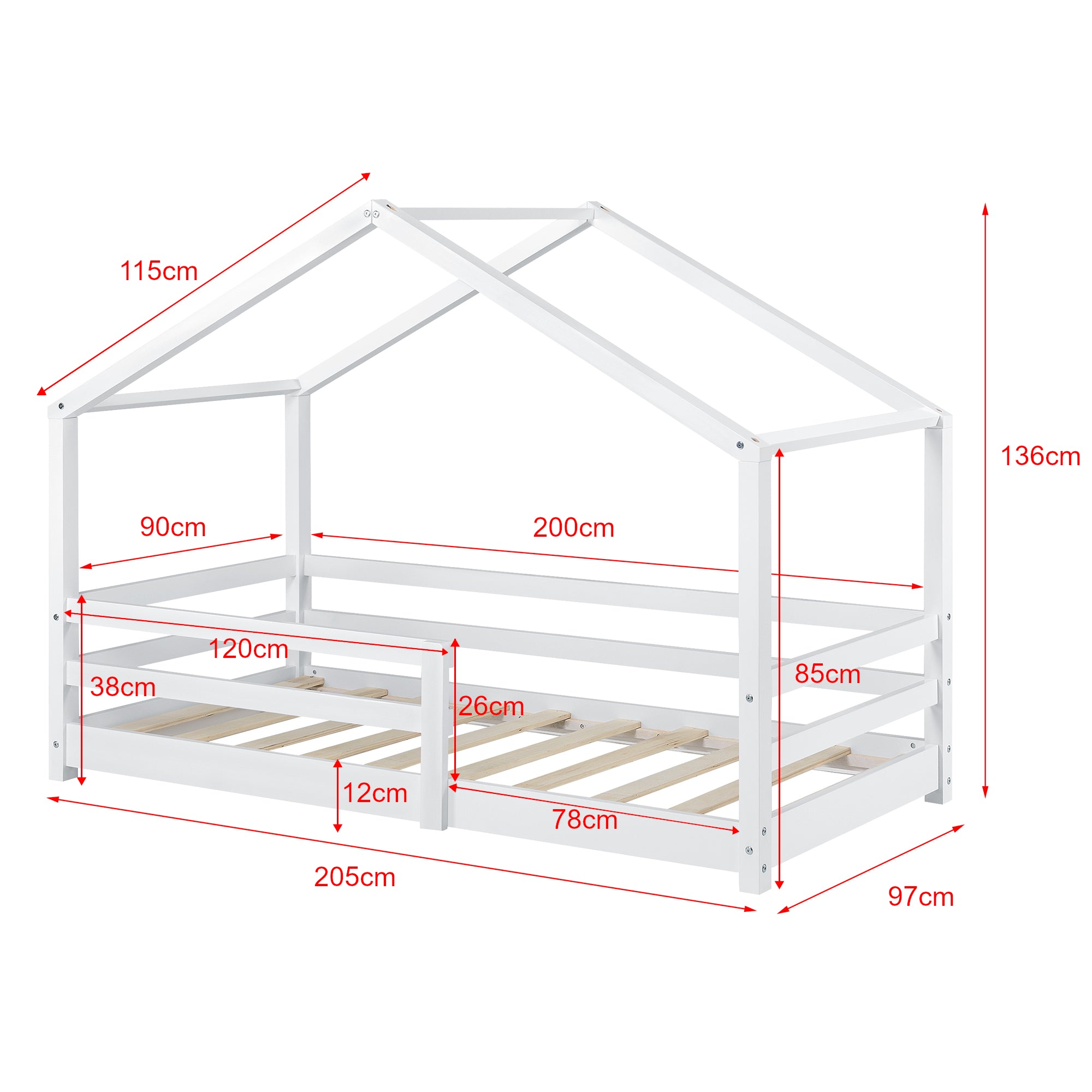 Letto per Bambino a Forma di Casetta con Barriere di Sicurezza e Materasso Ortopedico 90 x 200 cm Lettino in Legno di