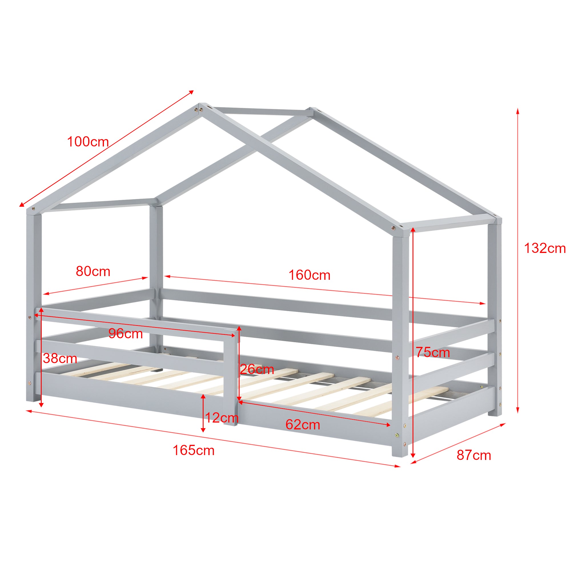 Letto per Bambino a Forma di Casetta con Barriere di Sicurezza e Materasso Ortopedico 80 x 160 cm Lettino in Legno di