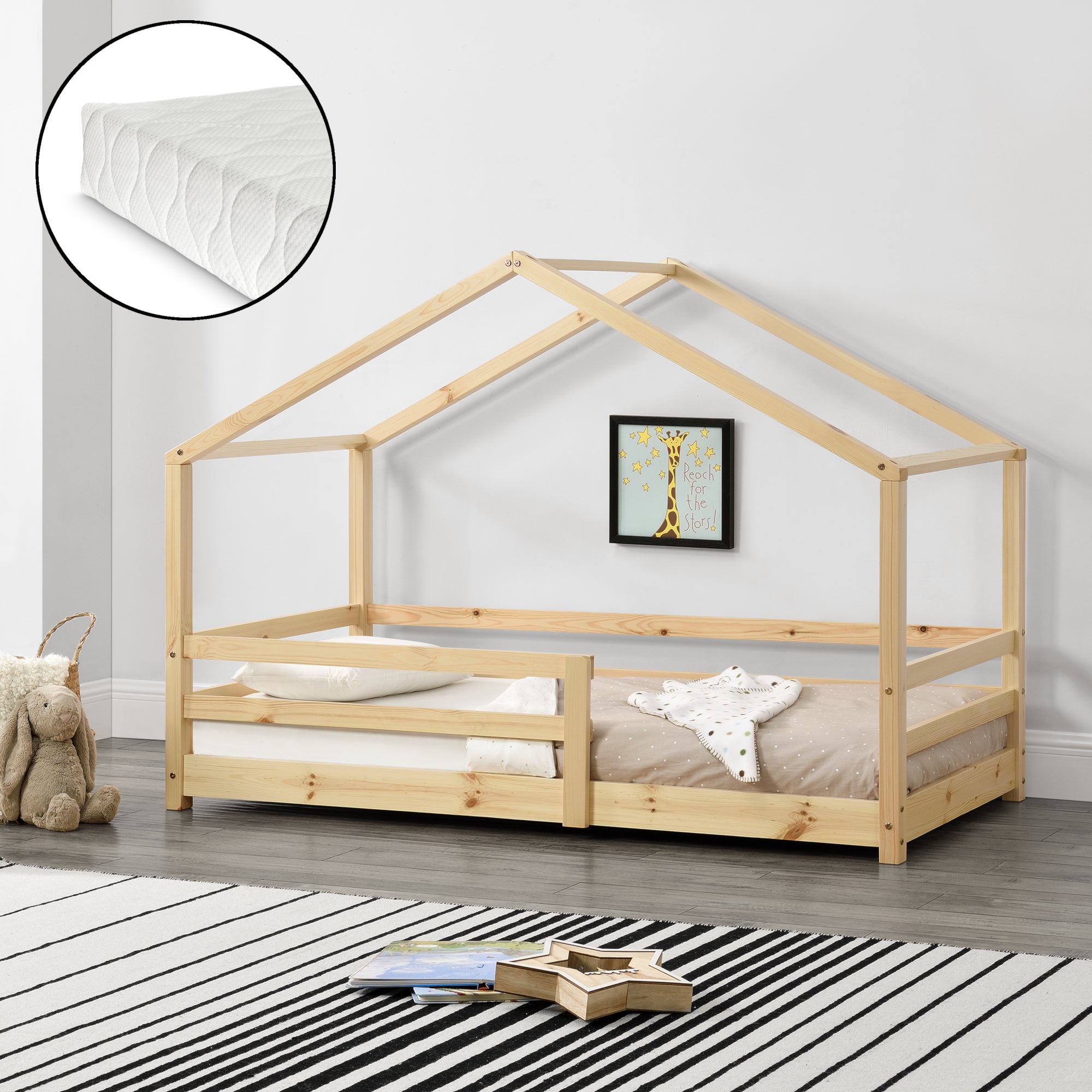 Letto per Bambino a Forma di Casetta con Barriere di Sicurezza e Materasso Ortopedico 90 x 200 cm Lettino in Legno di