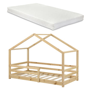 Letto per Bambino a Forma di Casetta con Barriere di Sicurezza e Materasso Ortopedico 90 x 200 cm Lettino in Legno di