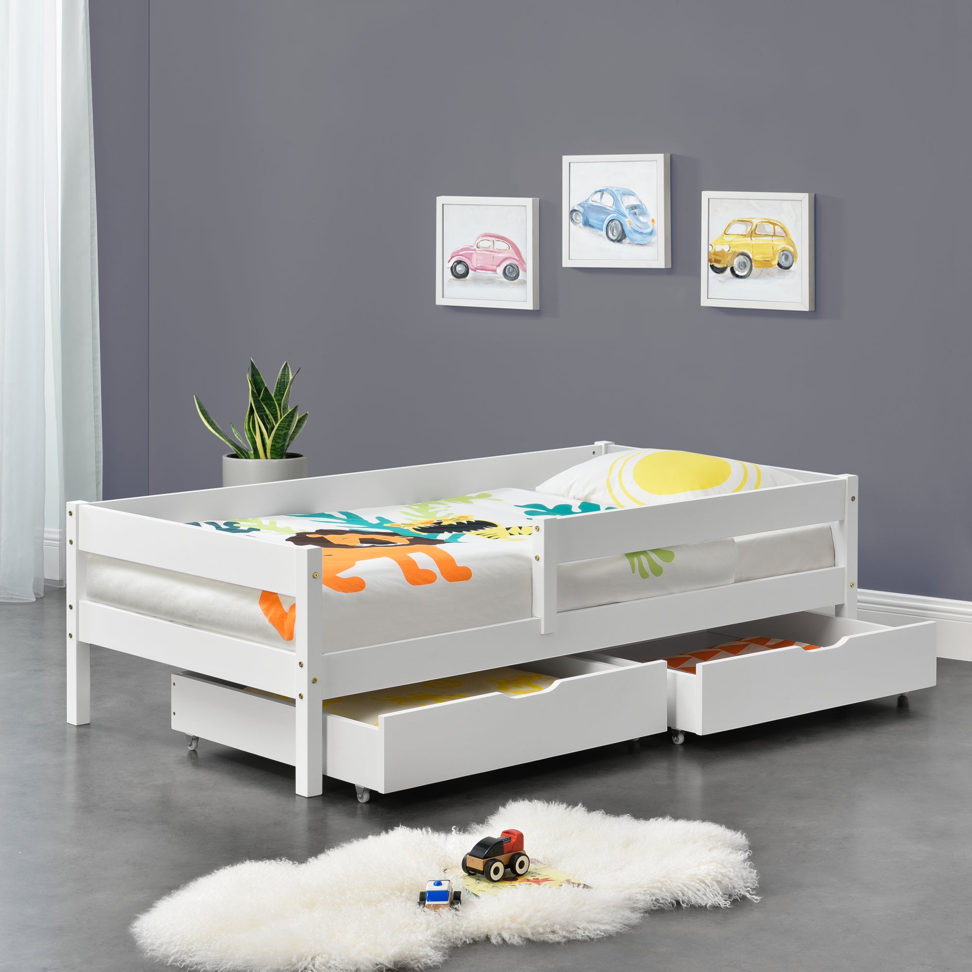 Letto per Bambino / Ragazzi / Gioventàº con 2 Cassetti 90x200 cm Lettino in Legno di Pino con Barriere di Protezione -