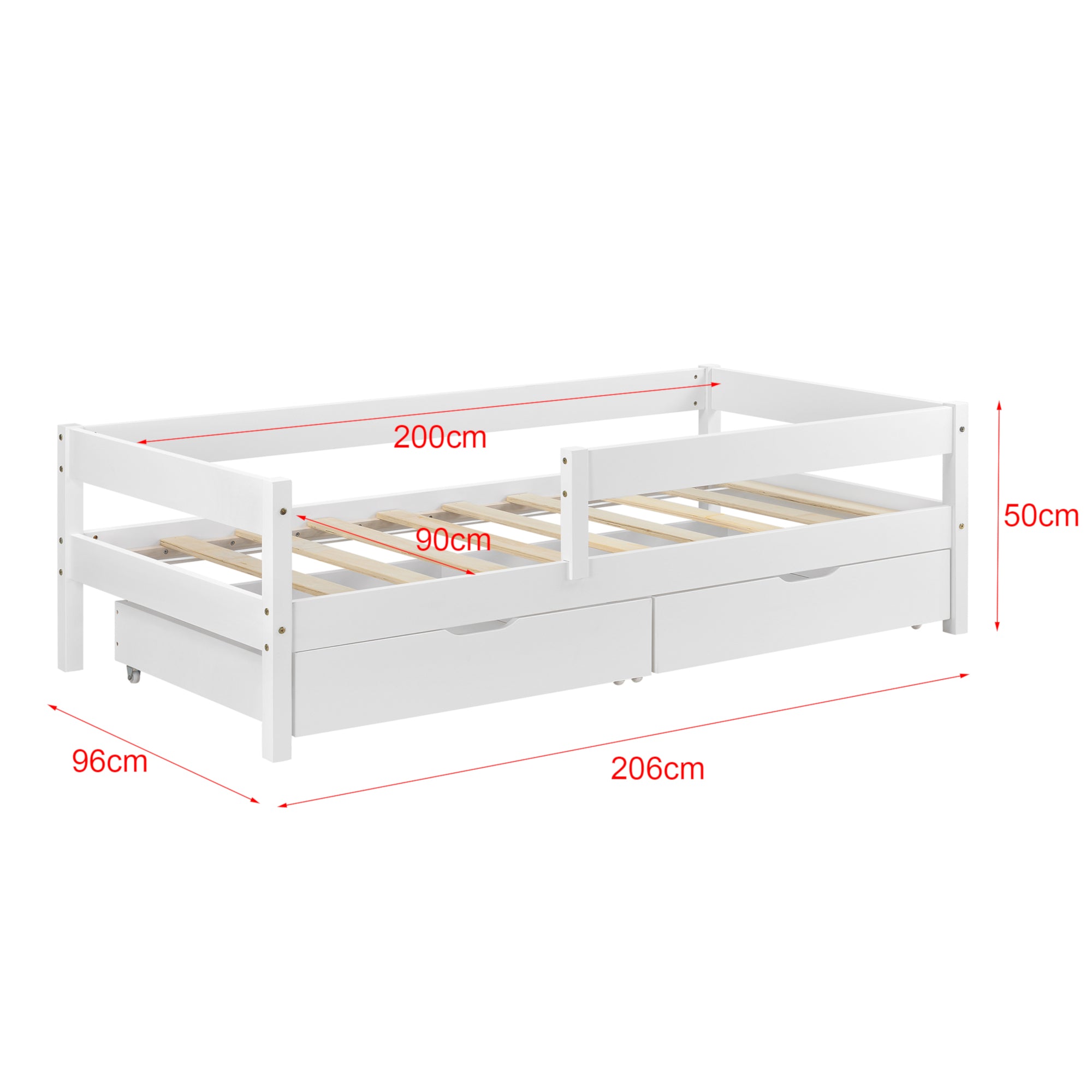 Letto per Bambino / Ragazzi / Gioventàº con 2 Cassetti 90x200 cm Lettino in Legno di Pino con Barriere di Protezione -